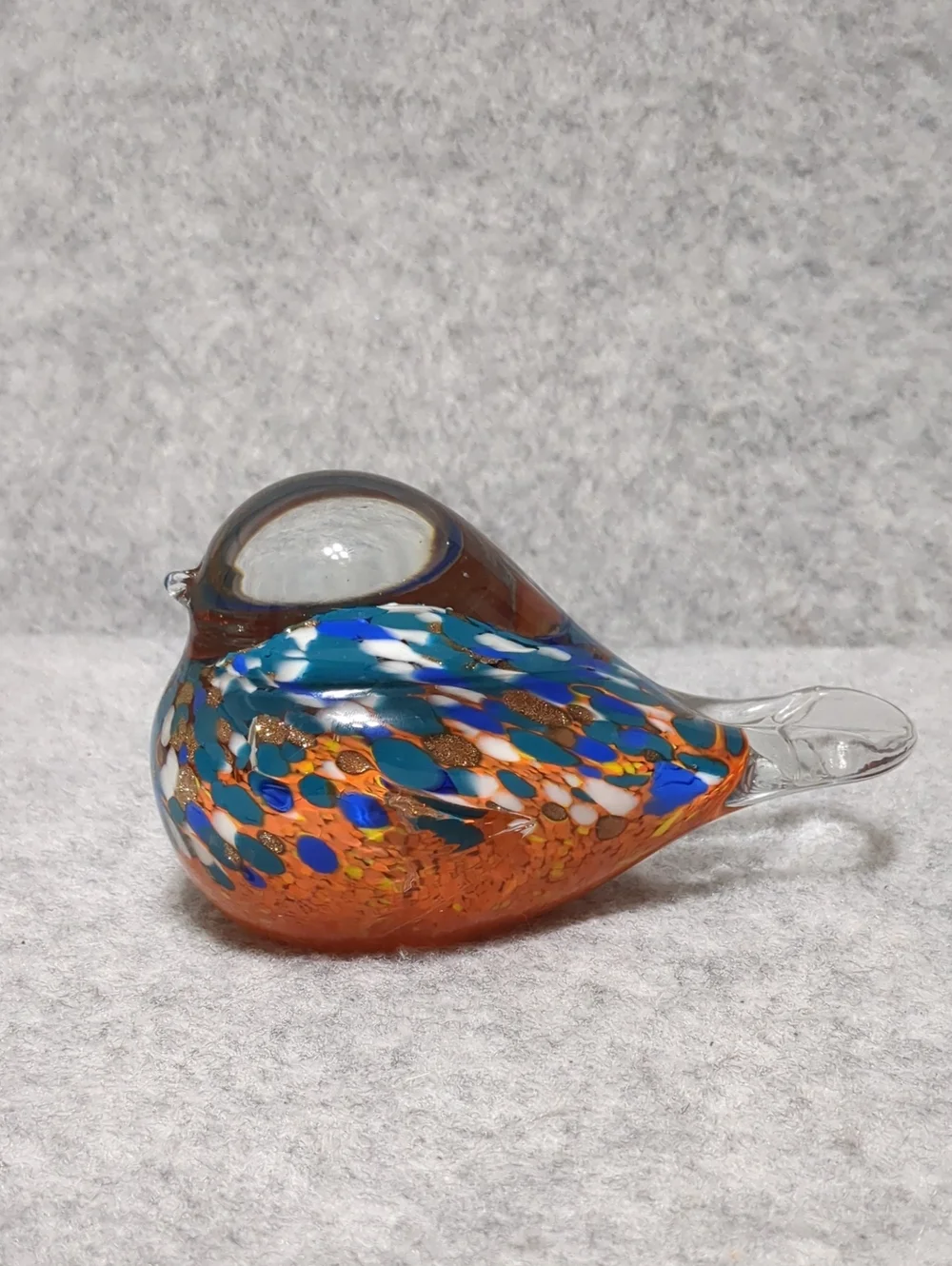 Art Glass Bird Clear, Orange Blue Paperweight